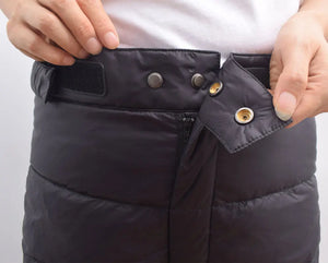 Lightweight men's and women's down winter hiking pants by Hot Trend Vault, showing insulated, warm, and comfortable outdoor apparel.