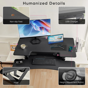 Redlife standing desk converter with wireless charger from Hot Trend Vault, showing workspace setup and charging pad on the desk