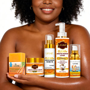 AILKE Arbutin and Vitamin C brightening skincare kit by Hot Trend Vault, featuring products for all skin tones with luminous glow.