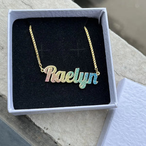 Colorful stainless steel gold nameplate bangles featuring custom kid's name necklace set by Hot Trend Vault, vibrant and stylish jewelry.