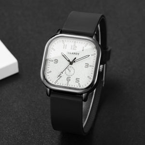 Square watch with silicone strap and quartz movement from Hot Trend Vault, unisex casual wristwatch, shown in black with a minimalist design.