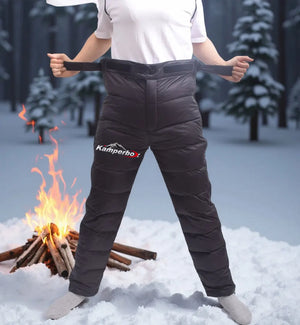 Lightweight winter hiking down pants for men and women by Hot Trend Vault, showing the insulated, warm, and comfortable design.
