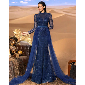 Elegant Wedding Evening Dress for Women 2025 Muslim Long Sleeves Mermaid Detachable Train Sequined Prom Party Gown Customized