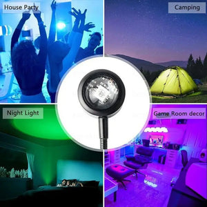 Hot Trend Vault Sunset Lamp Projector displaying colorful rainbow night light for romantic ambiance, powered via USB.