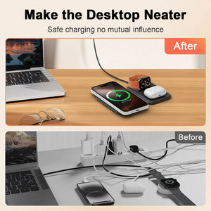 Hot Trend Vault 3-in-1 wireless charger station for Apple devices, fast charging multiple devices simultaneously.