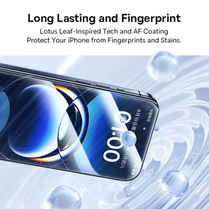 Baseus 16 Pro Max anti-peep tempered glass screen protector on a smartphone, demonstrating privacy and screen protection features.