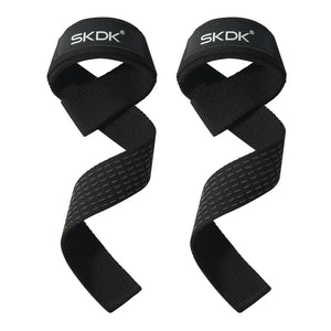 Black adjustable weightlifting wrist straps by Hot Trend Vault with non-slip grip for athletes in workout images.