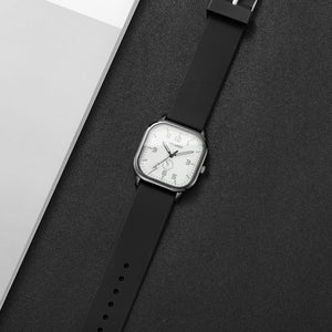 Unisex square silicone strap quartz watch with casual design by Hot Trend Vault, shown with a sleek black face and modern style.