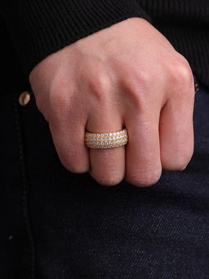 Men's cubic zirconia ring with iced-out design, 24K gold plating, hip hop street jewelry style by Hot Trend Vault.