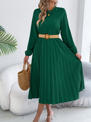 Elegant Dress Woman 2025 Retro Solid Color Round Neck Long Sleeve Pleated Dress without Belt 2025 Autumn Winter Women Clothing
