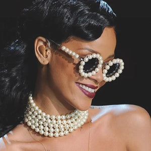 Pearl round sunglasses with small oval frame for women and men, vintage luxury design by VICKICOCO.