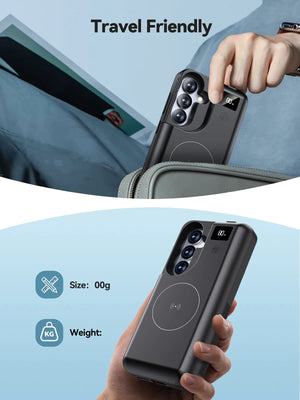 Hot Trend Vault NEWDERY 10000mAh wireless charger power case for Galaxy S25, showing the sleek black case with charging port and buttons.