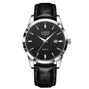Men's LIGE leather chronograph watch with waterproof military design, featuring a black strap and detailed dial.