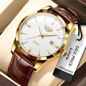 Men's LIGE leather chronograph watch with waterproof military design, featuring a black dial and stainless steel strap.