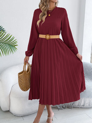 Elegant Dress Woman 2025 Retro Solid Color Round Neck Long Sleeve Pleated Dress without Belt 2025 Autumn Winter Women Clothing