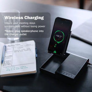 Wireless Bluetooth speaker by Hot Trend Vault with 15W charger, adjustable phone stand, and 8-hour playtime on a desk.