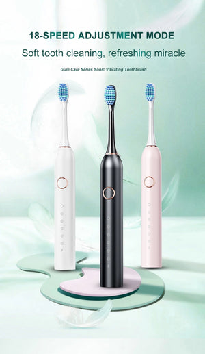 Hot Trend Vault GeZhou Sonic Electric Toothbrush for adults with 6 brushing modes, timer, USB rechargeability, and replacement heads.