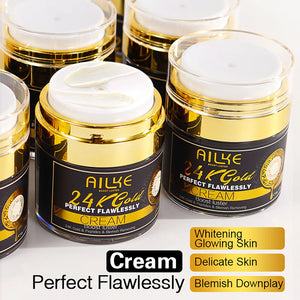 Bottle of Hot Trend Vault AILKE 24K Gold Collagen Whitening supplement with gold accents and clear label on a white background.