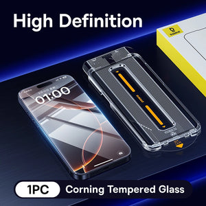 Baseus 16 Pro Max AntiPeep Tempered Glass Screen Protector showing a close-up of the protective film on a smartphone screen.