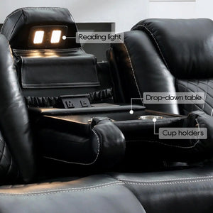 Todrani Premium 0 Gravity Power Reclining Sofa by Hot Trend Vault with wireless charger, USB Type-C, and LED floor lights in a modern living room