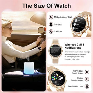 Smartwatch for women by Hot Trend Vault displaying fitness tracking, call notifications, and multiple sport modes on a sleek screen.