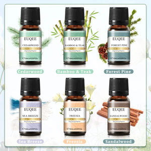 Six 10ml bottles of EUQEE fragrance oils for men and women from Hot Trend Vault, displayed in a row.