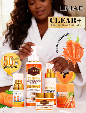 AILKE Arbutin and Vitamin C brightening kit featuring skincare products for all skin tones, designed to enhance radiance and clarity.