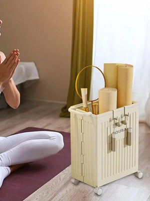 Hot Trend Vault yoga mat storage with wheels, folding organizer for yogis, featuring a compact design and easy mobility.