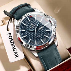Men's luxury waterproof quartz leather watch with date from Hot Trend Vault, featuring a sleek design and classic accessory style.