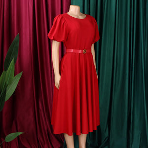 Elegant Dresses for Women 2026 New O Neck Short Sleeve Belt Waisted Pleated Mid Calf Fashion Ladies Birthday Party Dinner Dress