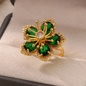 Elegant green zircon flower ring for women, 18K gold-plated stainless steel jewelry by ICFTZWECN, perfect for wedding or gift.