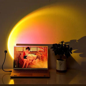 Hot Trend Vault sunset lamp projector displaying colorful rainbow night light for romantic ambiance.