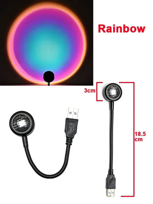 USB sunset light rainbow night lamp projector by Hot Trend Vault showing colorful sunset and rainbow projections for bedroom decor.
