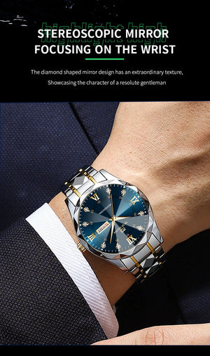 Hot Trend Vault Va Va Voom men's diamond luxury watch with 41mm case, night glow dial, double calendar, quartz movement, accessories.