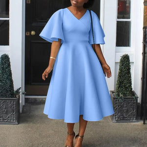 Elegant Dresses for Women V Neck Flare Sleeve High Waisted Pleated A Line Mid Calf Luxury Birthday Party Dinner Vestidos Mujer