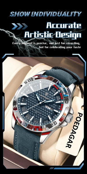 Luxury waterproof quartz leather watch for men by Hot Trend Vault, featuring a date display and elegant design.