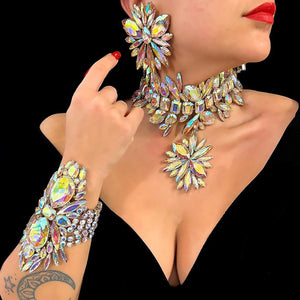 StoneFans rhinestone flower jewelry set for women and drag queens, includes necklace, earrings, and bracelet with sparkling floral design.