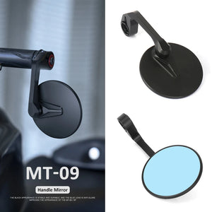 Blue lens Yamaha MT 09 bar end mirrors by Running Panther for Yamaha MT 09 motorcycle, with sleek design and reflective glass.