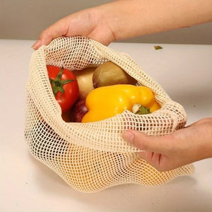 Reusable cotton mesh produce bags by Hot Trend Vault, chemical-free eco-friendly bags for shopping and storing fresh produce.