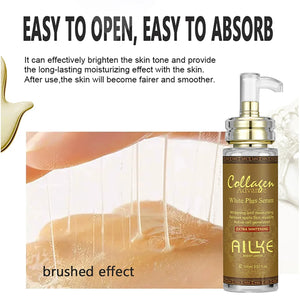 Unisex AILKE Collagen 5-in-1 skin care kit with bottles and jars for even tone and glowing skin, displayed on a neutral background.