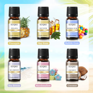 Six 10ml bottles of EUQEE fragrance oils for men and women by Hot Trend Vault, with colorful caps and labels.