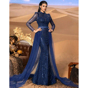 Elegant Wedding Evening Dress for Women 2025 Muslim Long Sleeves Mermaid Detachable Train Sequined Prom Party Gown Customized