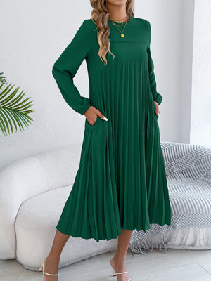 Elegant Dress Woman 2025 Retro Solid Color Round Neck Long Sleeve Pleated Dress without Belt 2025 Autumn Winter Women Clothing