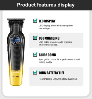 Hot Trend Vault cordless men's hair trimmer with LED display and 2000mAh battery, professional barber clipper for grooming.