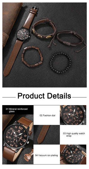 Hot Trend Vault men's sports watch set with five retro large dial quartz watches and brown leather straps.