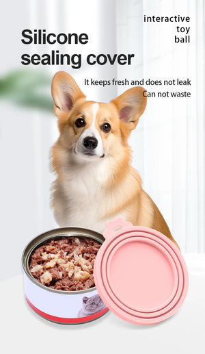 Reusable silicone pet can lid for dogs, BPA-free and durable, designed to fit standard cans, from Hot Trend Vault.