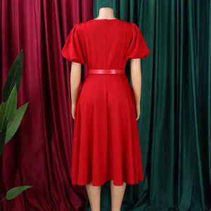 Elegant Dresses for Women 2026 New O Neck Short Sleeve Belt Waisted Pleated Mid Calf Fashion Ladies Birthday Party Dinner Dress