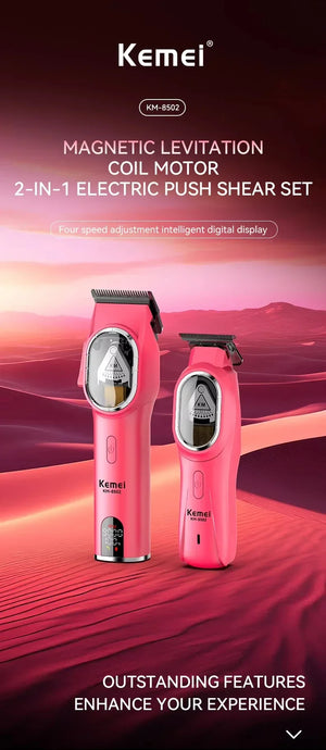Kemei KM-8502 cordless hair clipper kit for home grooming, with multiple attachments and a rechargeable design.