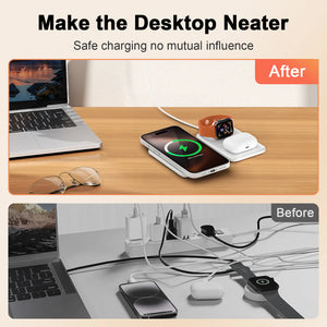 Hot Trend Vault 3-in-1 wireless charger station for Apple devices, fast charging iPhone, Apple Watch, and AirPods simultaneously.
