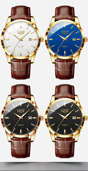 LIGE men's leather chronograph watch with waterproof and military-style design, showcasing a sleek black dial and leather strap.